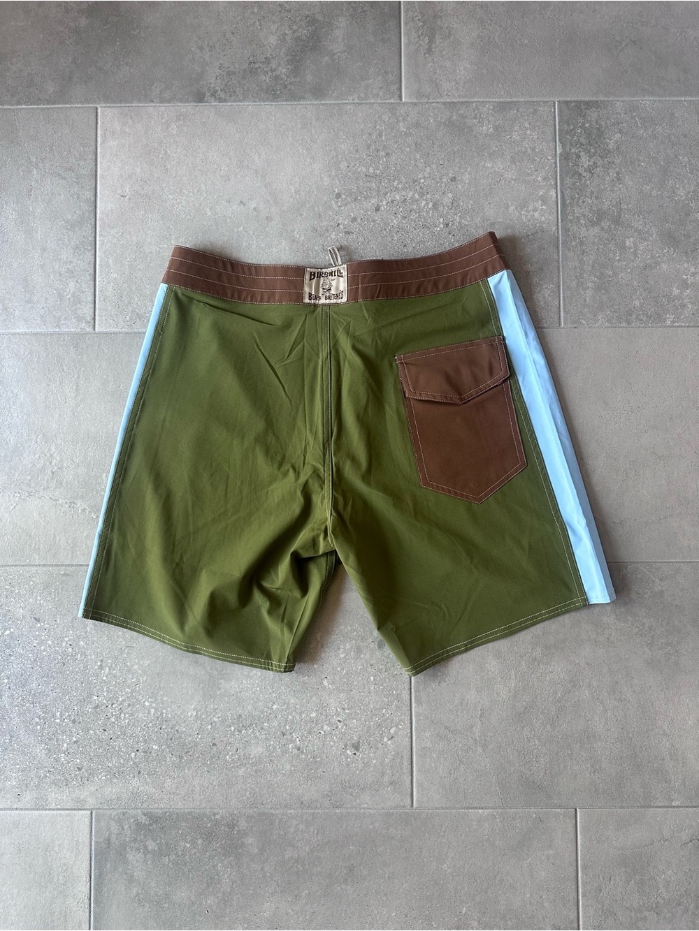 NWOT Olive & Light Blue BIRDWELL Board Shorts with Brown Waistband - Picture 2 of 5